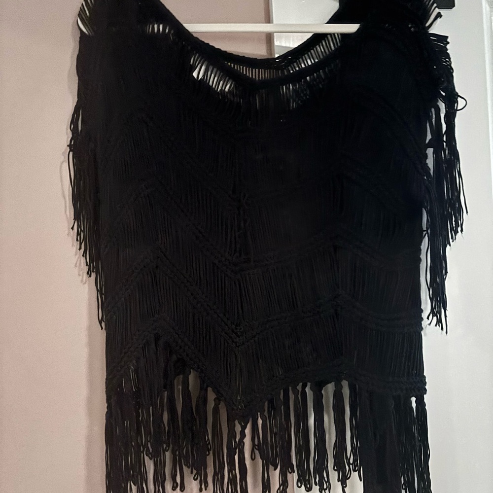Anthropologie Black Fringe Poncho